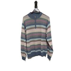 Peter Millar Striped Quarter Zip Long Sleeve Cashmere Linen Blend Sweater XL